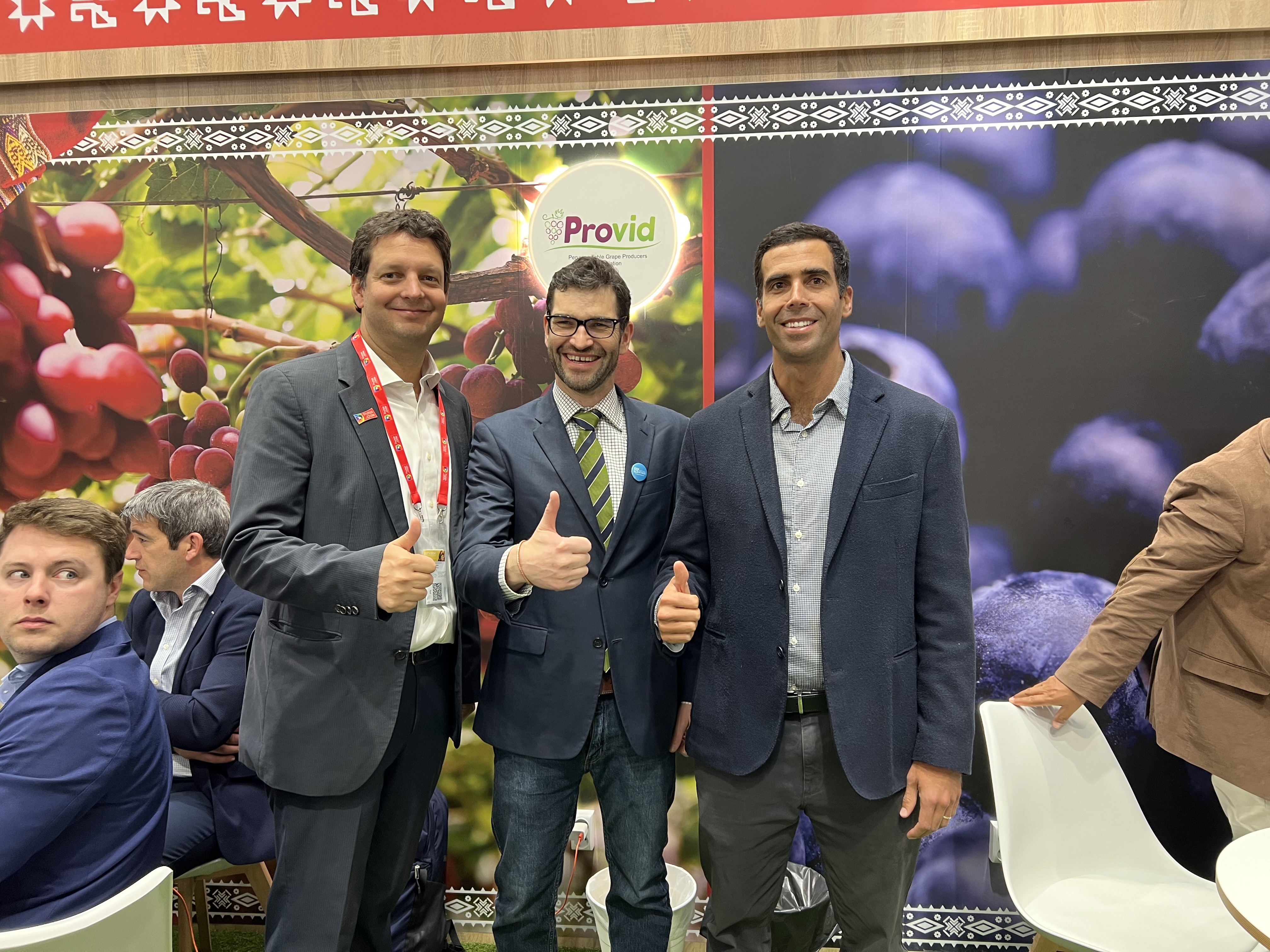 From left, Ignacio Caballero, Colin Fain and Luis Miguel Vegas announce launch of The Global Grape Report at Fruit Logistica 2026.