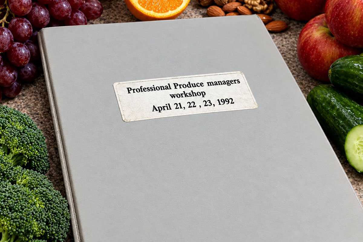 Close photo of a produce manual on a table, surrounding by fresh produce