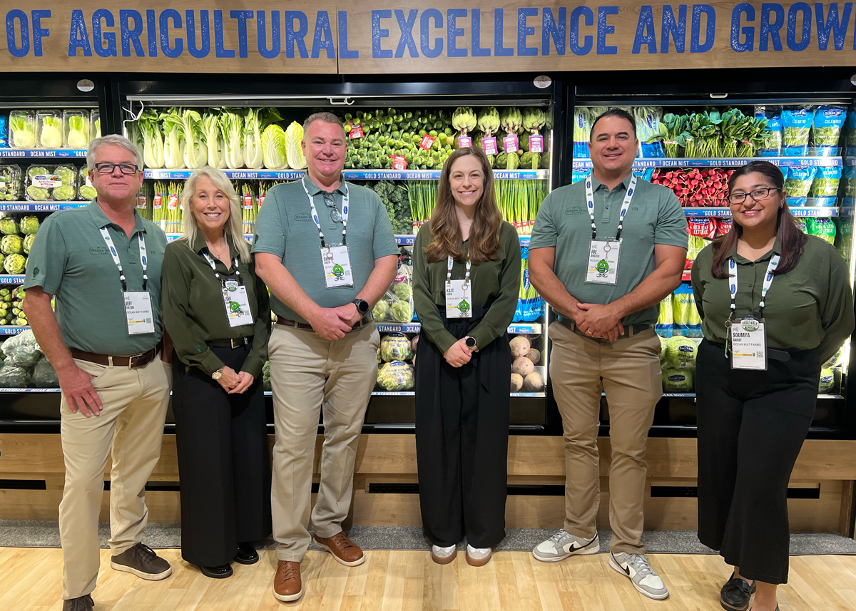 Jeff Fulton, Lori Bigras, Chris Drew, Kate Burr, Joe Angelo and Soumya Sahay gather at Ocean Mist's Global Produce &amp; Floral Show exhibit. As El Niño weather conditions pose risks to regional growing areas, the company plans to tier its planting schedules to prevent supply chain disruptions.