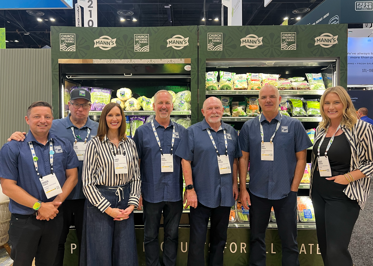 The team at Church Brothers Farms including Chuck Church, Bob Licker, Loree Dowse, Greg Corrigan, Neil Milburn, Jeff Church and Tracy Carranza highlight fresh produce innovations at the Global Produce &amp; Floral Show. Carranza noted that driving category recovery requires understanding shifting consumer habits and delivering exciting products that bring buyers back to the fresh produce aisle.