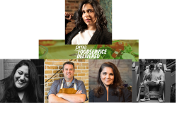 (Top)  Sabrina Medora, food writer and founder of Un-Plated, led a discussion at the PMA Foodservice: Delivered virtual conference with panelists (left to right) Khushbu Shah, restaurant editor at Food & Wine Magazine; Chef Tim Kilcoyne, director of chef operations at World Central Kitchen; Alpana Singh, master sommelier and restaurateur of Terra and Vine, Evanston, Ill., and host of Check, Please! on WTTW Channel 11 in Chicago; and Brian Canlis, owner of fine-dining restaurant Canlis in Seattle. Not pictured: Paola Velez, executive pastry chef of Maydan & Compass Rose in Washington, D.C. and co-founder of Bakers Against Racism.
