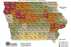 For 2019, Iowa’s average farmland is valued at $7,432 per acre. That’s an increase of $168, or 2.3%, from 2018 farmland values, according to the 2019 Iowa State University Land Value Survey.