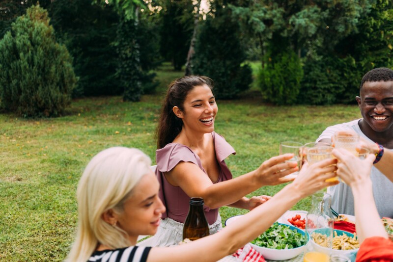 three people cheers picnic