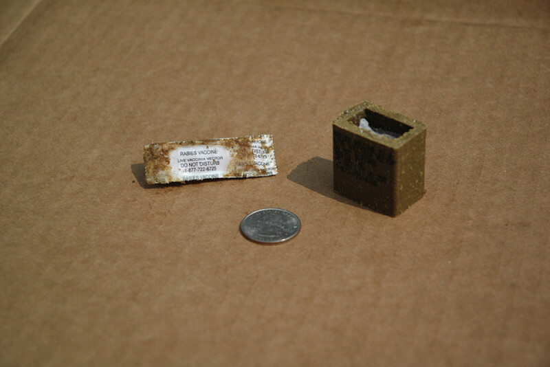 Another oral rabies vaccine currently in use, RABORAL V-RG, uses baits coated with a fishmeal attractant and is packaged in one-inch square cubes or two-inch plastic sachets. 