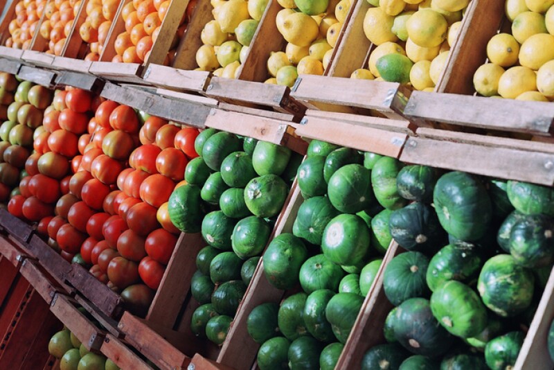 A series of colorful fruits in boxes ready for distribution.