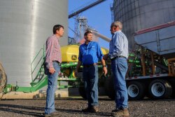 Every morning, Darren (middle), Brian (left) and Bobby (right) meet to discuss the day’s tasks. This meeting ensures they are all on the same page and no ball is dropped on their 20,000-acre row crop operation.