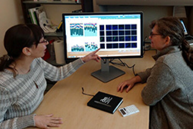 ARS scientists Danielle Lemay (right) and Zeynep Alkan review microscope images and data from SAMSA2 software.