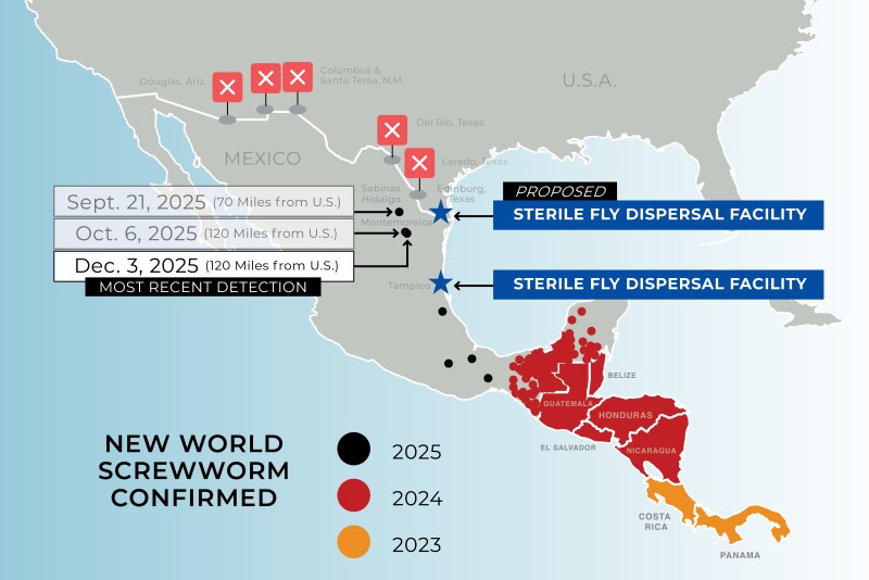 New World Screwworm Ports Closed and Confirmed Cases - Revised 12-3-2025