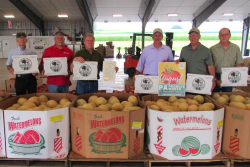 The governor's PA Produce Month proclamation was presented at Buffalo Valley Produce Auction in Mifflinburg, Pa., including (left to right) William Pyle, auction board president; Scott Hoffman, Vegetable Marketing and Research Program vice chairman; Neil Courtney, auction manager; Russell Redding, Pennsylvania secretary of Agriculture; William Troxell, Vegetable Program exec. secretary; and John Esslinger of Penn State Extension.