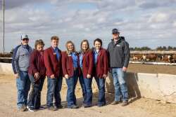 Left to right, Lee Mayo and Katie Cornelius-Mayo, HRC Feed Yards, Wesley Denton,
Lauren Jones, Haley Mouser and Ralston Ripp, NJHA Board of Directors, and Trey Befort, AHA
Director of Commercial Programs.