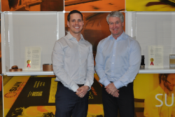 Chris Maisonneuve (left), business development manager at Progressive Systems and Packaging Products, and Mikah Thorne, president of Canadian Corrugated Systems, recently announced a partnership.