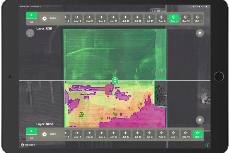 The high-resolution images displayed in the AgMRI platform provide a row by row and plant by plant view. The newest feature to AgMRI is Compare View, which allows for side-by-side comparisons of field images gathered through the season. 