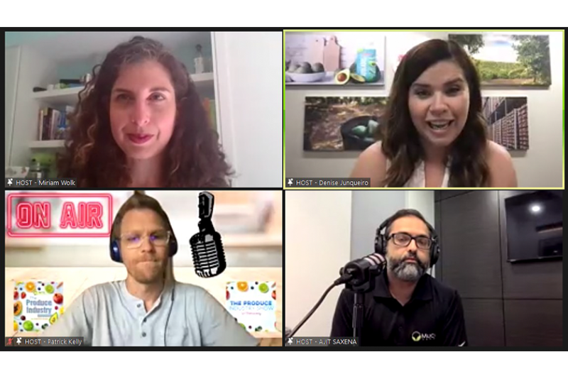 Clockwise from top left: Miriam Wolk, vice president of member services at United Fresh; Denise Junqueiro, senior director of marketing and communications for Mission Produce; Ajit Saxena, public relations and digital marketing manager for Mucci Farms; and Patrick Kelly, host of the Produce Industry Podcast. 