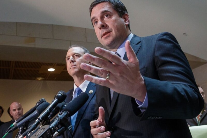 House Intelligence Committee Chairman Rep. Devin Nunes (Republic-California), right, accompanied by the committee’s ranking member, Rep. Adam Schiff (Democrat-California), talks to reporters, on Capitol Hill in Washington, Wednesday, March, 15, 2017.