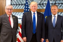 President Donald Trump meets with European Union leaders, President Jean-Claude Juncker and European Council President Donald Tusk at the European Union Headquarters in Brussels, Photo Date: 5/25/2017