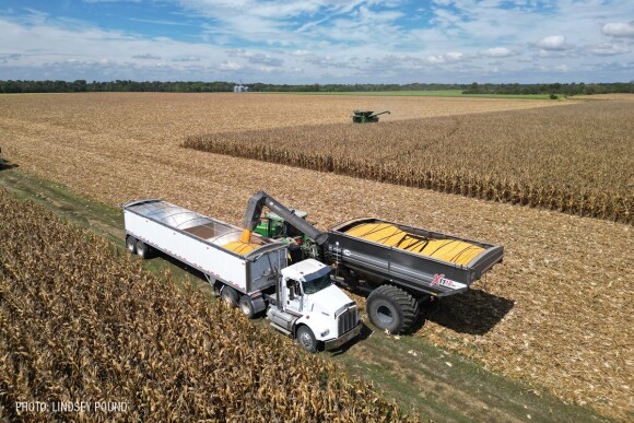 Lindsey Pound - Harvest corn combine combining shelling fall autumn unloading field aerial land