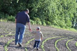 Grandpa and Grandson on the farm in a field