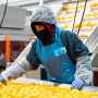 A worker covered in personal protective equipment inspects fruit on a conveyor line