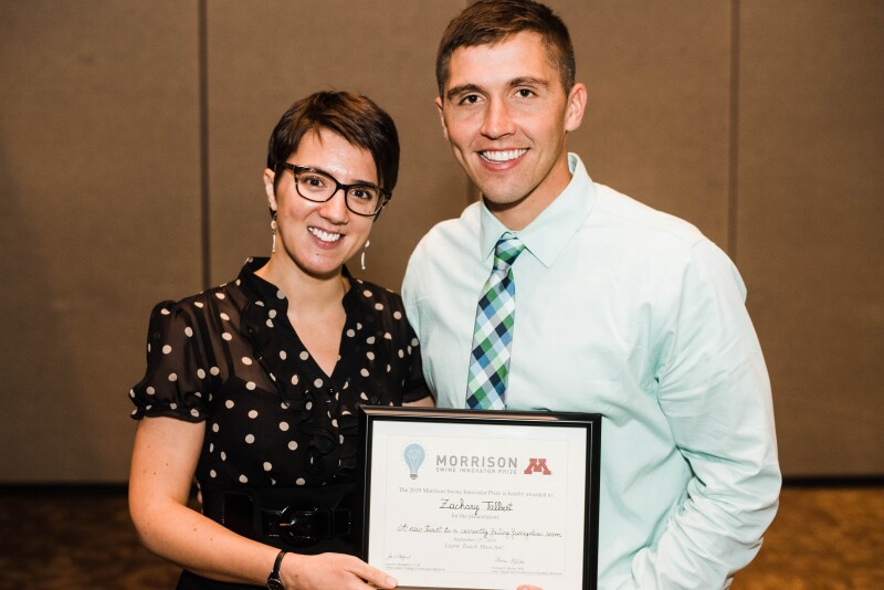 University of Minnesota veterinary professor Perle Zhitnitskiy, DVM, MSpVM, congratulates Morrison Swine Innovator Prize winner Zack Talbert, a University of Illinois veterinary student, in 2019. Talbert took home the prize again in 2020 and was honored virtually during the online conference.