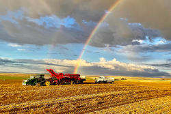 Work in Idaho potato field with a rainbow in the background