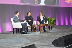 Greg Williams, editor-in-chief of Wired Magazine (left) was joined in the presentation in Forum for the Future by Andrew Pelling, inventor and founder, at the Pelling Lab at the University of Ottawa and Jaydev Desai, professor, medical robotics and human augmentation, Georgia Tech.