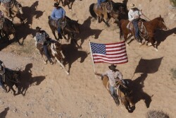 In this April 12, 2014, file photo, the Bundy family and their supporters fly the American flag as their cattle is released by the Bureau of Land Management back onto public land outside of Bunkerville, Nev.