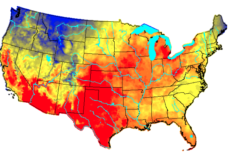 (On this map, yellow represents high risk, orange represents the “danger zone” and red is used to note areas will the heat will reach emergency levels.)