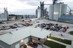 Frozen 2 was projected onto the grain elevator at Landus Cooperative in Jefferson, Iowa, for 110 parked cars. 