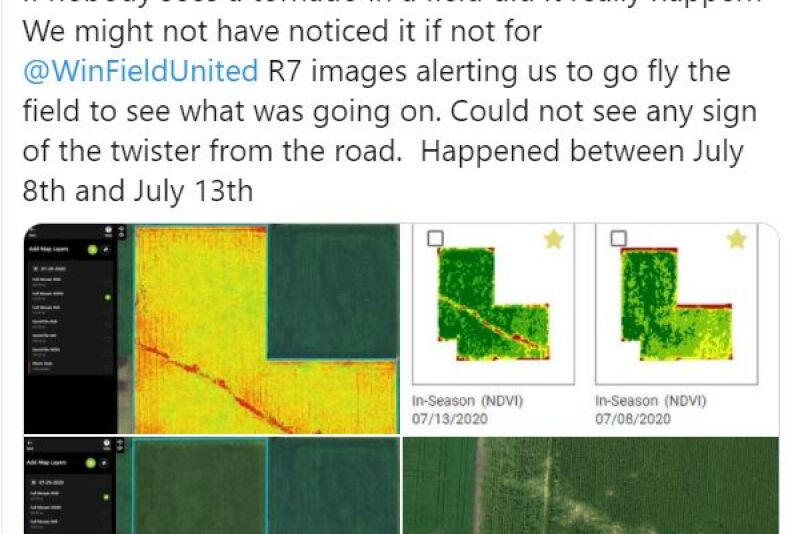 "If nobody sees a tornado in a field did it really happen? We might not have noticed it if not for @WinFieldUnited R7 images alerting us to go fly the field to see what was going on" says the team on Twitter. 