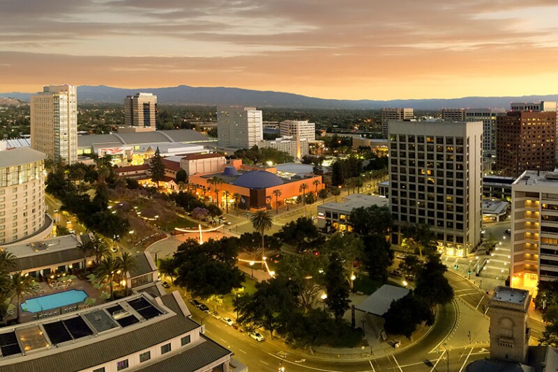 A aerial photo of Silicon Valley at sunset. 