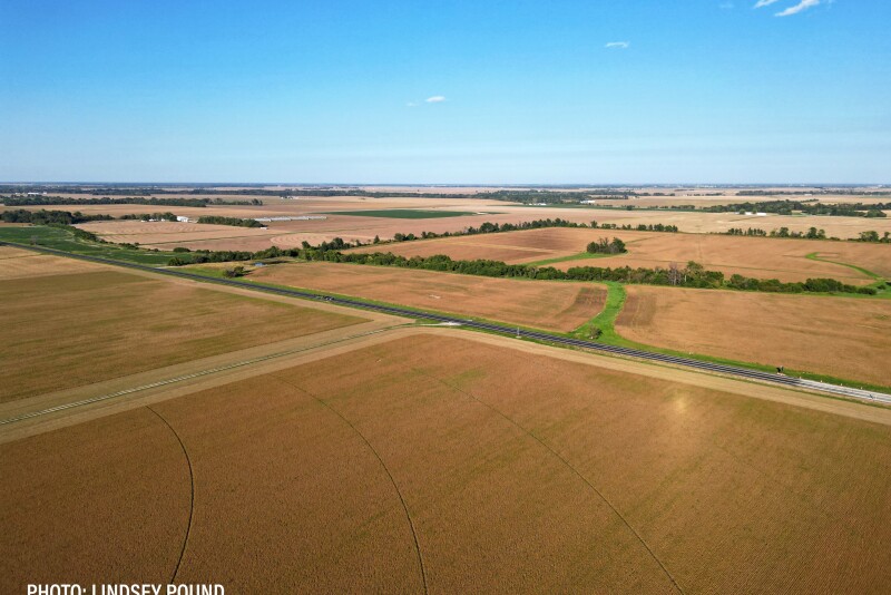 Aerial land field fields corn soybeans at harvest fall midwest Missouri rural - Lindsey Pound