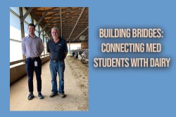 Fourth year med student Connor Fullerton visits with Iowa dairy farmer, Doug Stensland.