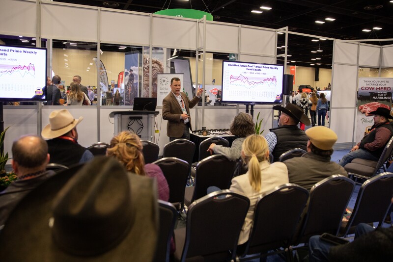 Clint Walenciak, director of packing for Certified Angus Beef speaks to attendees at the 2020 NCBA Trade Show in San Antonio. 