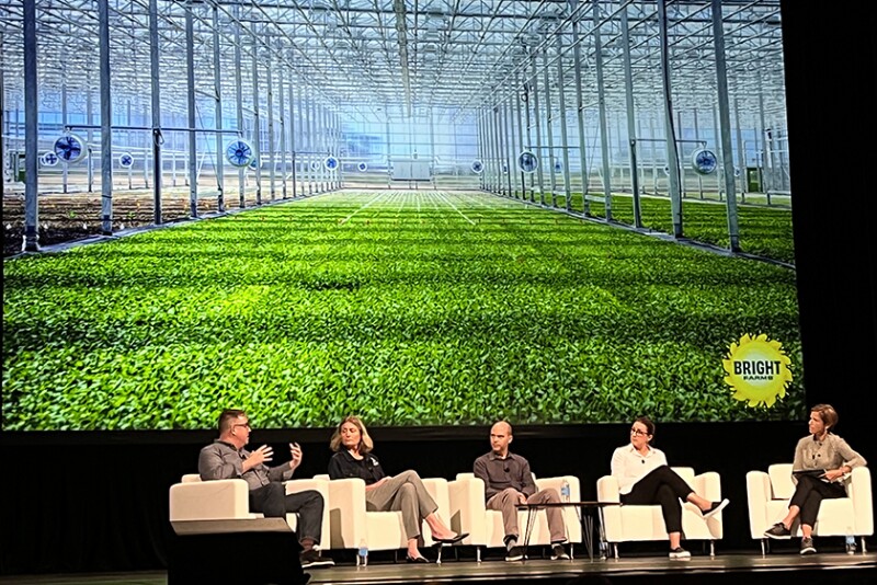 Five panels discuss issues on couches under a big screen with an image of greenhouse grown lettuce.