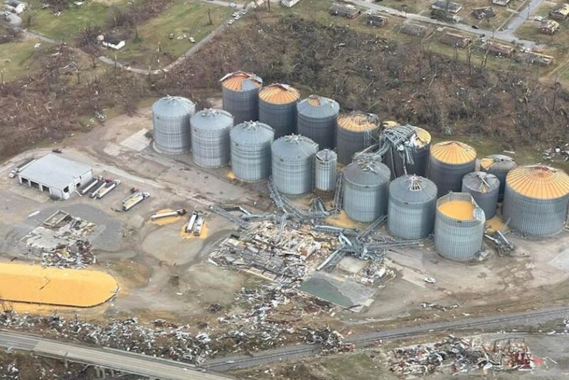 Mayfield Grain Company hit by December tornado,  Photo Courtesy of James Hunt on Facebook. 