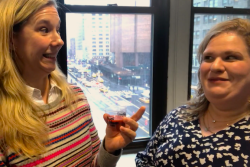 The Packer's Northeast editor Amy Sowder tries Bolt functional shots with Bolthouse Farms vice president of marketing AJ Bernstein during a press visit to New York City.