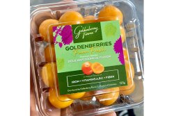 Goldenberry Farms clamshells made of 90% post consumer recycled, 100% re-useable materials.