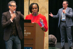 In three separate photos, two men and a women speak to an audience.