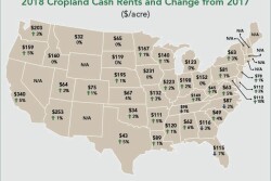 For 2018, the national average for cash rents on cropland is $138 per acre, which is 1.5% higher than 2017.