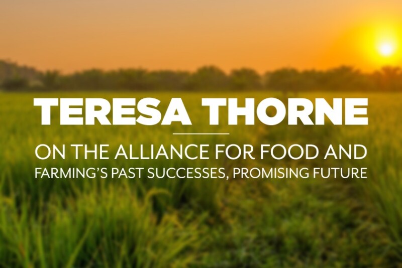 Farm land with text overlay: Teresa Thorne on the Alliance for Food and Farming's past successes, promising future