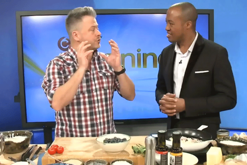 Chef Jonathan Collins (left) uses Chilean blueberries during a cooking demonstration with CTV's Henry Burris on the network's Morning Live program.