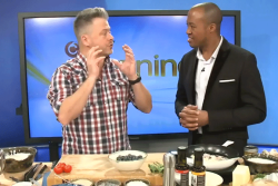 Chef Jonathan Collins (left) uses Chilean blueberries during a cooking demonstration with CTV's Henry Burris on the network's Morning Live program.