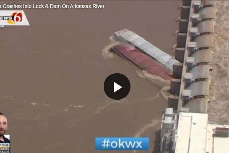 On Thursday afternoon two runaway barges, reportedly carrying fertilizer and weighing a combined total of 3,800 tons, crashed into Webbers Falls Lock and Dam 16 on the Arkansas River in east-central Oklahoma. 