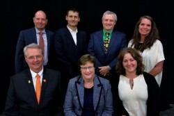 The USAHA Executive Committee includes: Front row, from left: Boyd Parr, DVM SC, Past President; Barb Determan, IA, President, Kristin Haas, DVM, VT, President Elect. Back row, from left: Charlie Hatcher, DVM, TN, Third Vice President; Marty Zaluski, DVM, MT, First Vice President; Paul McGraw, DVM, WI, Second Vice President; Annette Jones, DVM, CA, Treasurer.