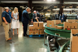 Presidential advisor Ivanka Trump and President Donald Trump on Aug. 24 visit Flavor 1st Growers and Packers at Mills River, N.C., where he announced an extra $1 billion to the Farmers to Families Food Box Program.