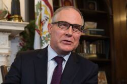 In this Jan. 4, 2017, file photo, Environmental Protection Agency (EPA) Administrator-designate Scott Pruitt answer a reporter's question during his meeting with Sen. Shelley Moore Capito, R-W.Va., on Capitol Hill in Washington.