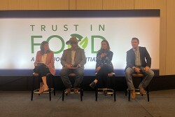 From left, Trust In Food President Amy Skoczlas Cole moderates the discussion with Chad Ellis, CEO of Texas Agricultural Land Trust and founding chair of Trust In Beef; Liz Hunt, head of sustainable and responsible business at Syngenta; and Mitchell Hora, founder and CEO of Continuum Ag and a seventh-generation farmer. 