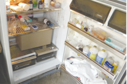 Animal health products stored in a refrigerator.