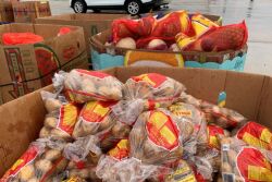 Produce shippers have been donating to excess produce to food banks as they wait for COVID-19 federal relief programs to begin. In the picture, potatoes and other produce are distributed at a Houston neighborhood.
