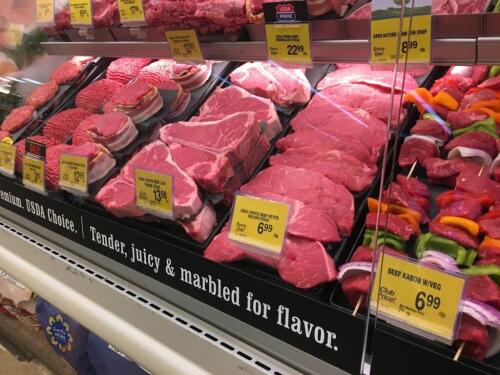 Fresh beef in the meat case at a Safeway grocery store in Colorado.
